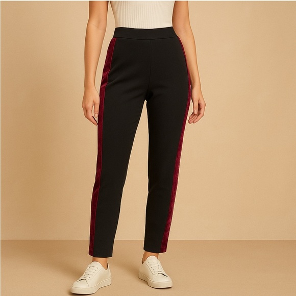 Laundry By Shelli Segal HRise Black Slim Fit Pants w/ Plum Velvet Tuxedo Stripe - Picture 1 of 8